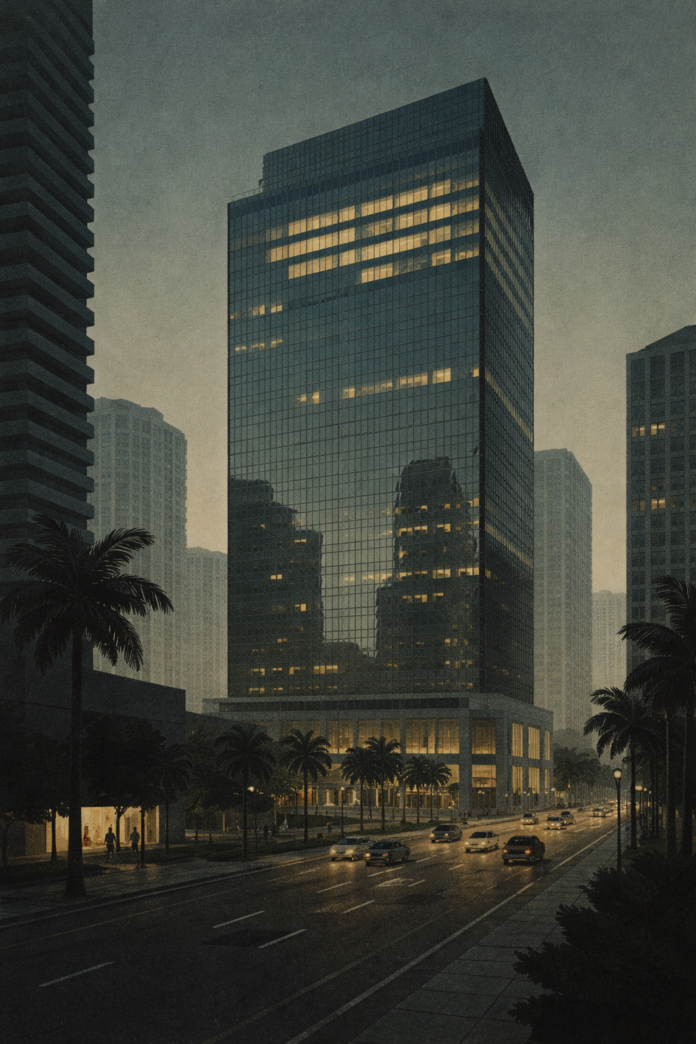 Mid century editorial illustration of 830 Brickell at dusk with sparse office lights above Brickell Avenue in Miami