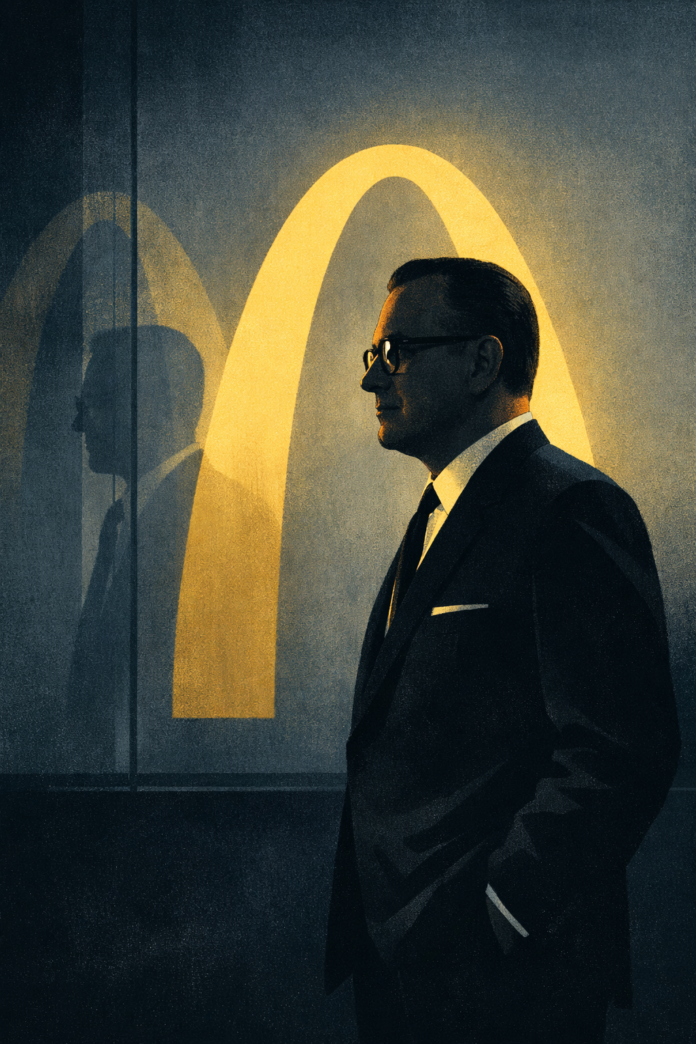 Minimalist mid-century illustration of Ray Kroc standing beneath a single golden arch, symbolizing power, systems, and control in The Founder (2016).