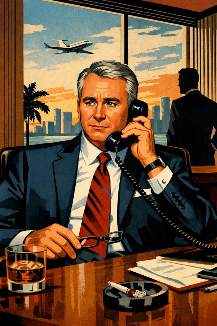 Mad Men style illustration of Ken Griffin in a Miami office setting, depicting restrained power, capital decision making, and corporate silence.