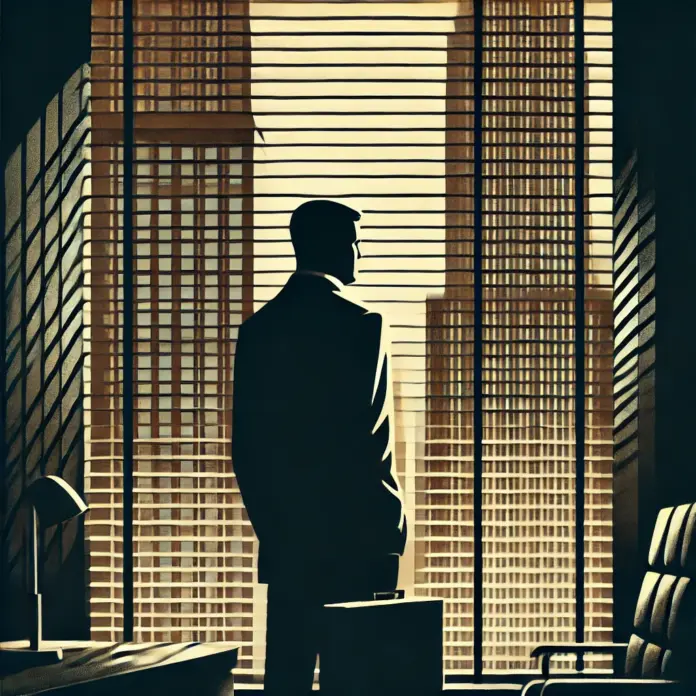 Minimalist illustration of a lone businessman in a dark suit standing behind half-closed window blinds, with a city skyline reflected in the glass and dramatic chiaroscuro lighting in espresso, charcoal, and muted gold tones.