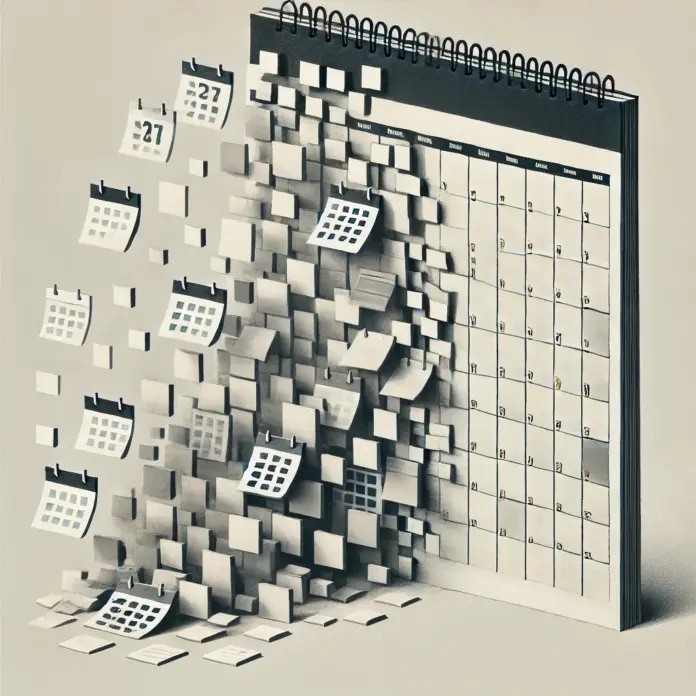 Minimalist editorial illustration of a crowded calendar dissolving into empty space in muted charcoal and off-white tones, symbolizing simplicity and time relief.