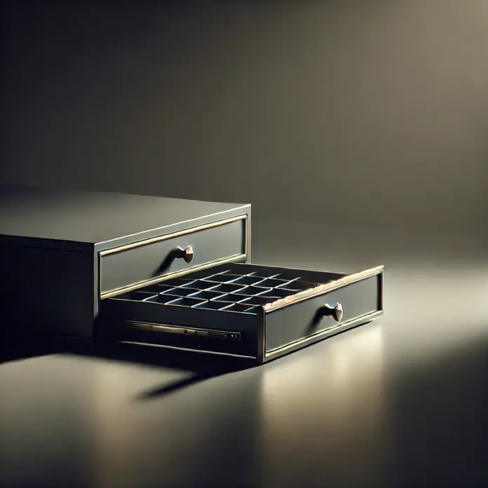 Minimalist illustration of a dimly lit cash drawer on a counter, rendered with chiaroscuro shadows and muted gold and charcoal tones in a reflective mood.