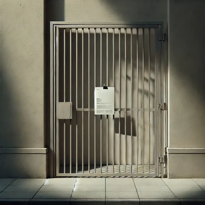 Blank paper flyer clipped to a closed metal gate on a shaded urban sidewalk, minimalist scene with no visible text or context.