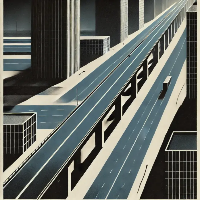 Minimalist 1960s-style illustration of a lone highway overpass cutting through a shadowed city grid in ink blue, charcoal gray, and muted gold, with no people and heavy negative space.
