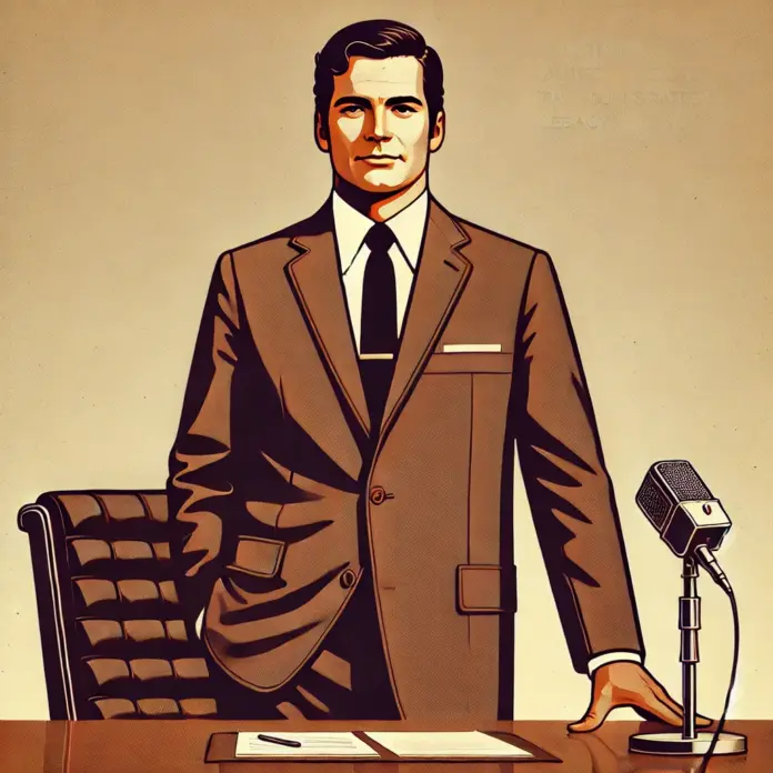Minimalist 1970s editorial illustration of a confident American auto industry executive archetype at a desk with a microphone, symbolizing leadership and corporate legacy.
