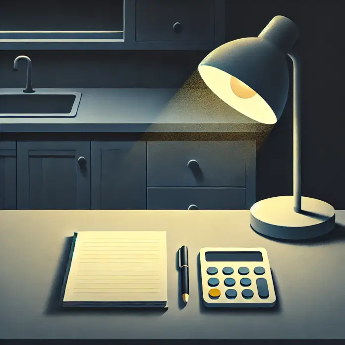 Minimalist illustration of a kitchen counter at night with a yellow notepad and calculator under a soft lamp, surrounded by darkness.