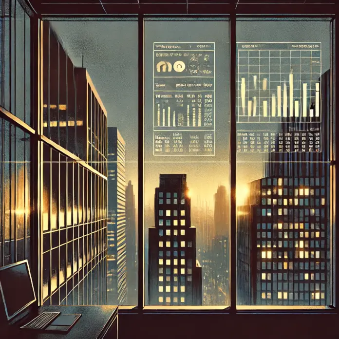Mid-century editorial illustration of a high-rise office window at dusk with fragmented reflections of glowing financial data, evoking market legacy and contemplation.