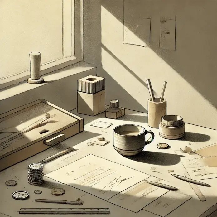 Minimalist editorial illustration of a small workshop counter with morning light, scattered notes, coins, and a half-full coffee cup, evoking quiet craftsmanship.