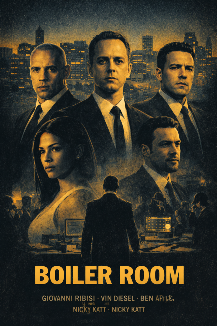 Mad Men–style illustrated movie poster of Boiler Room featuring the main characters in suits against a dark city skyline, symbolizing ambition, persuasion, and high-pressure finance culture.