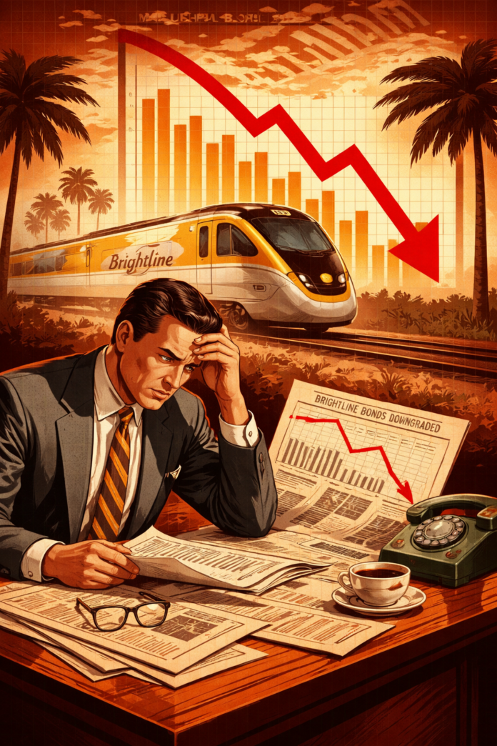 Mid-century modern illustration of Brightline Florida municipal bonds, showing downward trending credit ratings, abstract bond charts, and institutional capital flows.