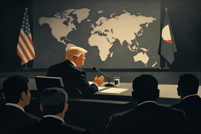 Illustration of Donald Trump addressing global leaders at the World Economic Forum in Davos, observed by executives and diplomats during the 2026 summit.