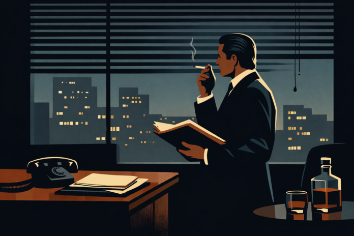 Illustration of Gordon Gekko in a quiet office reviewing documents, symbolizing information control and institutional power in the film Wall Street.