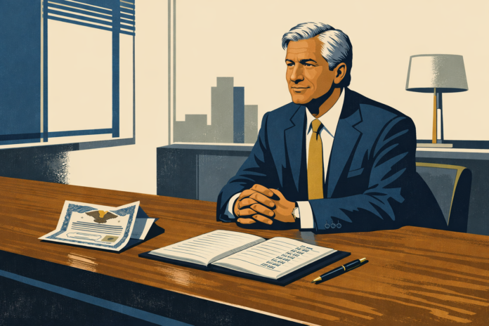 Mid century modern illustration of Jamie Dimon seated at a walnut table with a stock certificate and ledger