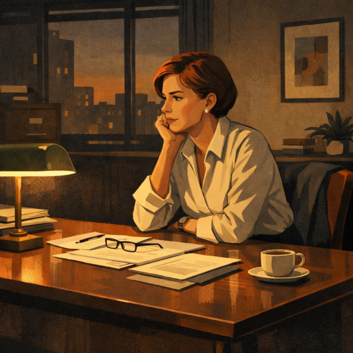 Jane Fraser seated alone in a quiet office at dusk, reflecting on capital repositioning and patient leadership