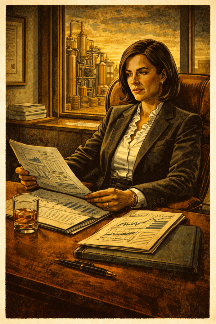 Jennifer Stiefel seated at a mid-century modern desk reviewing documents in a professional office, demonstrating thoughtful leadership and strategic decision-making.