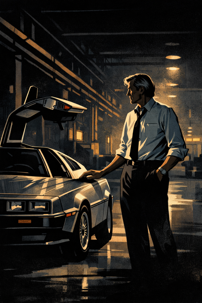 John DeLorean standing beside a DeLorean DMC-12 on a quiet factory floor at night, reflecting on ambition and legacy.