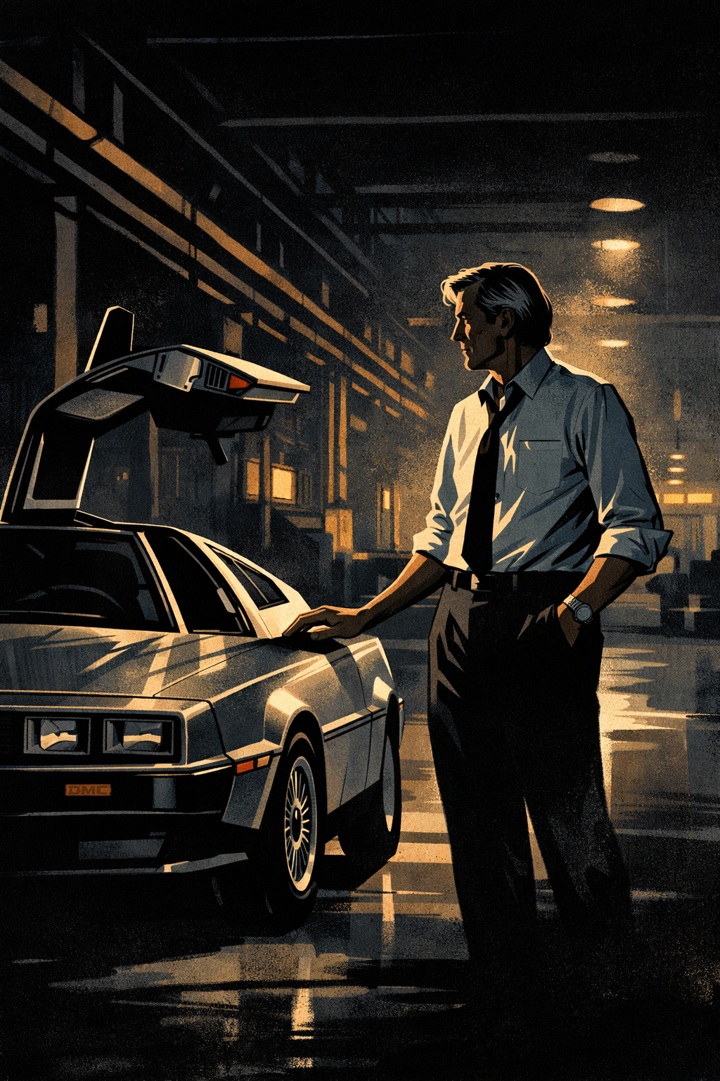 John DeLorean standing beside a DeLorean DMC-12 on a quiet factory floor at night, reflecting on ambition and legacy.
