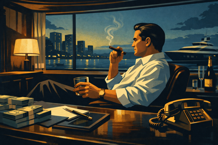 Mad Men–style illustration of Jordan Belfort seated in a yacht office at night, surrounded by money, glass reflections, and city lights, symbolizing ambition and excess in modern entrepreneurship.
