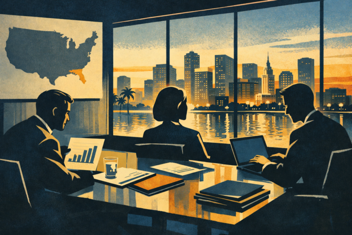Mad Men–style illustration of business professionals in a Miami high-rise office reviewing charts and laptops, with the skyline visible through large windows, depicting private capital activity.
