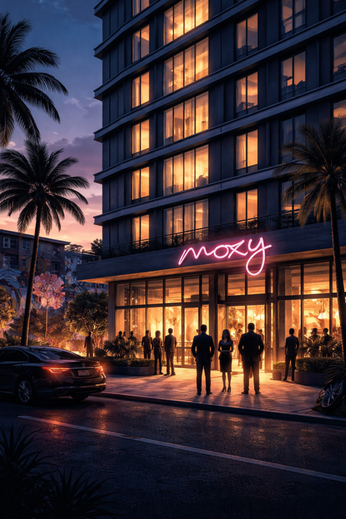 Evening exterior of Moxy Miami Wynwood hotel with silhouettes of people in conversation, glass doors opening, and colorful Wynwood murals in the background.