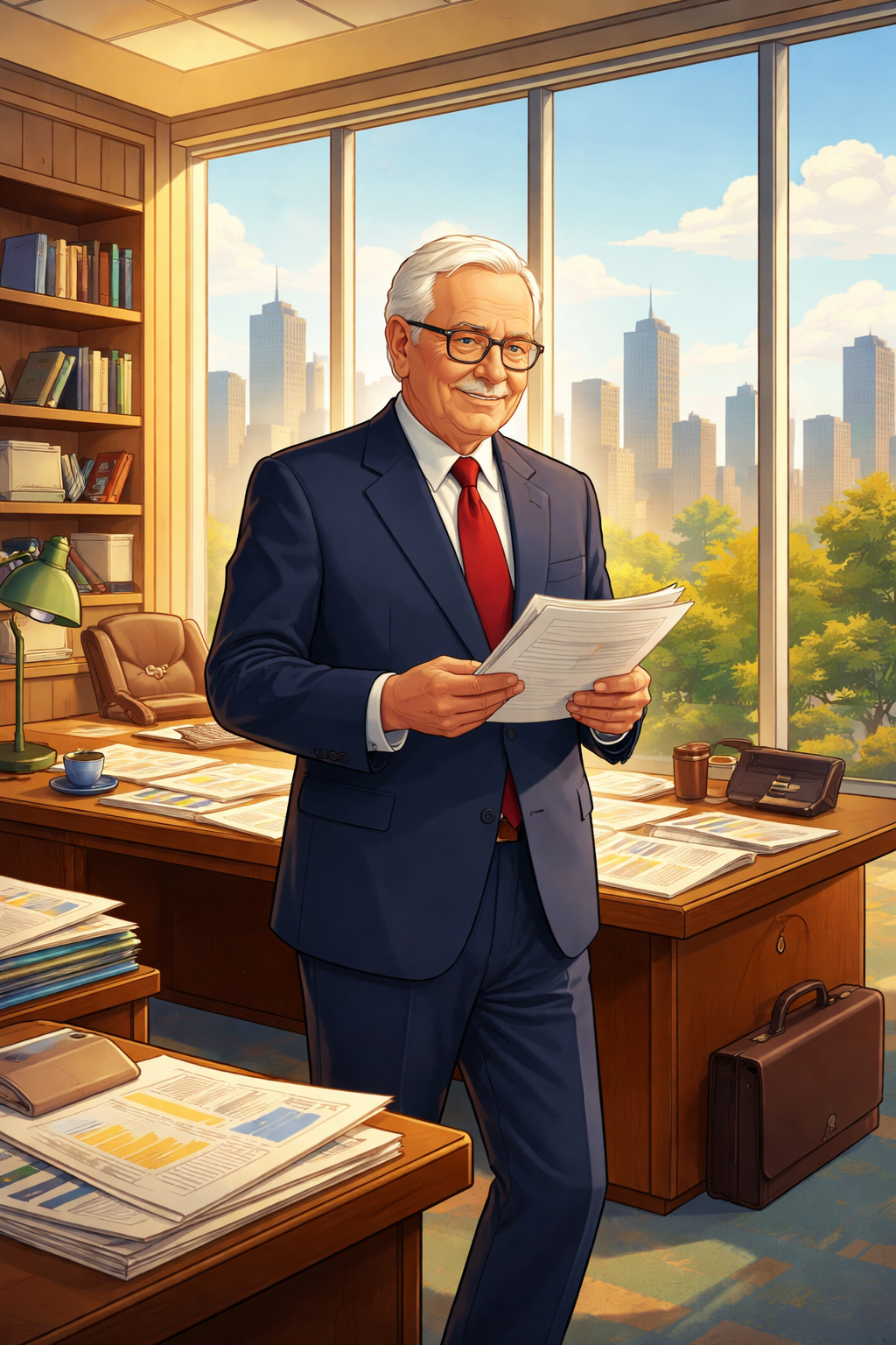 Digital illustration of Warren Buffett standing confidently in a bright office with papers on his desk and city skyline visible through large windows, representing strategic control of capital.