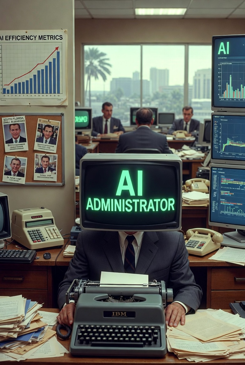 Mad Men Style Illustration: How AI Is Replacing Administrative Staff in Small Businesses illustration of artificial intelligence replacing administrative staff in small businesses, showing 1960s executive office with AI monitors displaying cost savings charts, efficiency metrics, and automation workflows in South Florida
