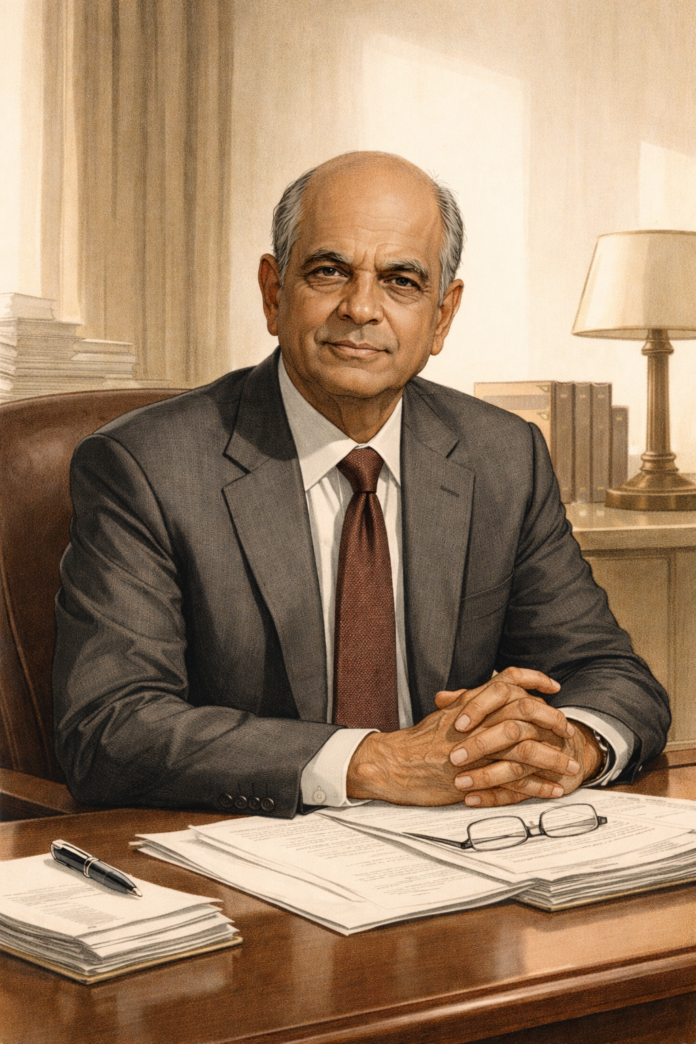 Professional mid-century style illustration of Ajit Jain, Vice Chairman of Berkshire Hathaway Insurance, seated at a desk, balding, wearing a gray suit and burgundy tie, reflective and composed.