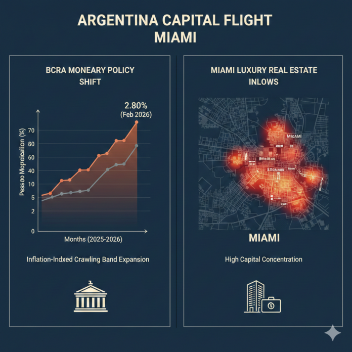 Infographic: Argentina BCRA monetary band expansion vs heatmap of capital concentration in Brickell and Edgewater Miami. Argentina Capital Flight Miami