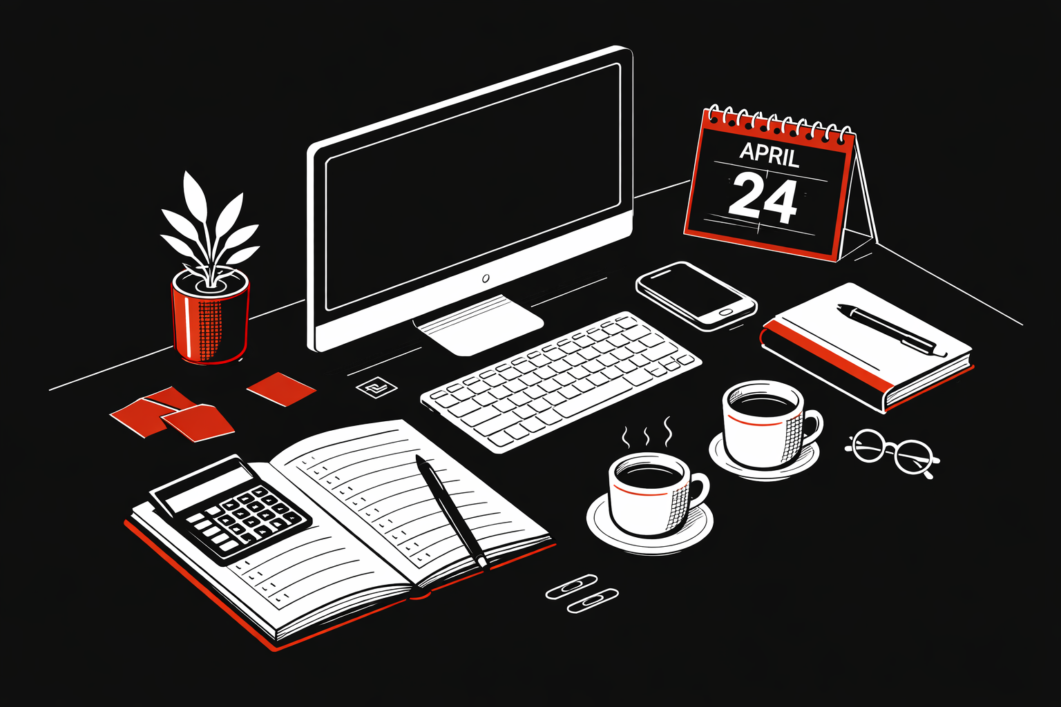 Minimalist Business Desk Illustration on Black Background with Red Accents Minimalist black background illustration of a modern business desk with white line art and red accents, featuring a computer, ledger, coffee cups, and calendar at a 45-degree angle