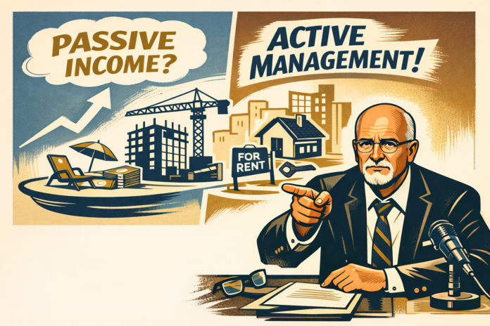 Mad Men–style illustration of Dave Ramsey pointing while contrasting passive income myths with active real estate management