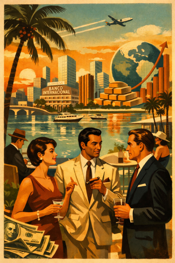 Editorial illustration representing Miami as the wealth capital of Latin America with financial leaders and skyline imagery