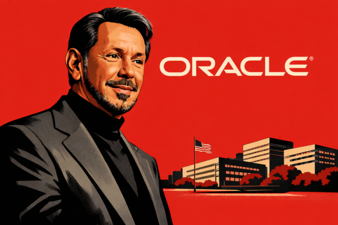 Illustration of Larry Ellison with Oracle branding on solid red background representing Oracle headquarters relocation to Florida