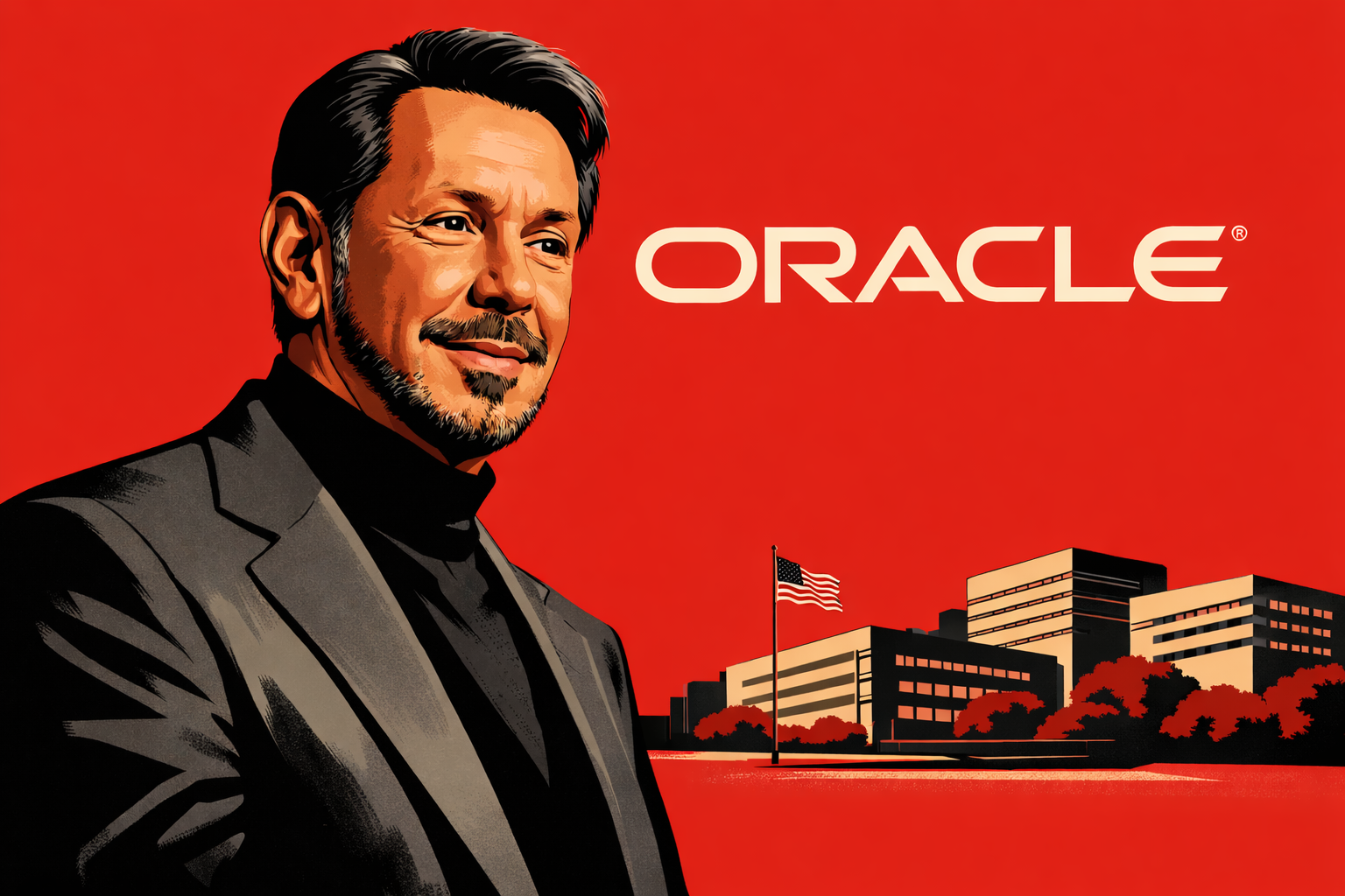 Larry Ellison Oracle Florida Relocation Illustration Illustration of Larry Ellison with Oracle branding on solid red background representing Oracle headquarters relocation to Florida