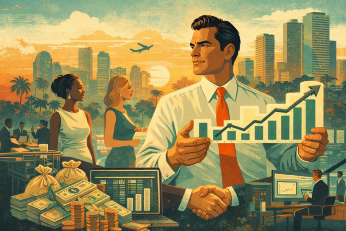 Miami entrepreneur reviewing financial growth charts in a modern Brickell office representing eight figure revenue growth without venture capital