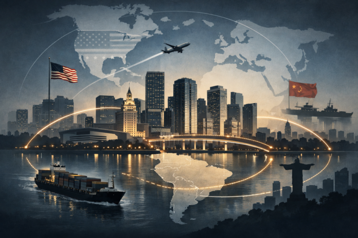 Editorial illustration of the Miami skyline positioned as a geopolitical command node linking U.S. and Latin American capital flows.