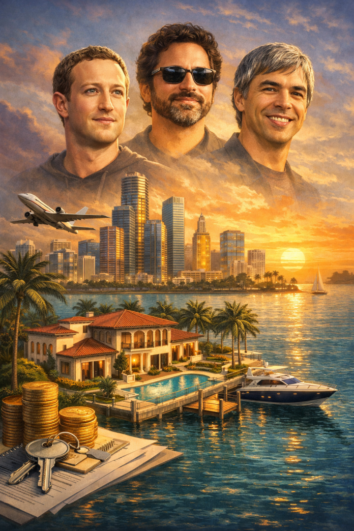 High end illustration of Miami waterfront mansion with skyline at sunset representing billionaire wealth migration and luxury real estate growth in the Miami housing market