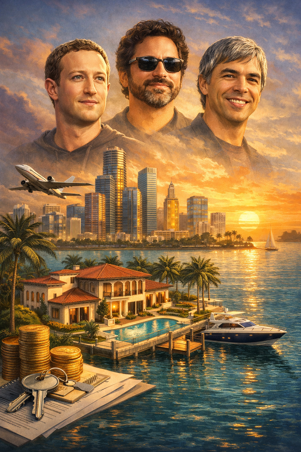 High end illustration of Miami waterfront mansion with skyline at sunset representing billionaire wealth migration and luxury real estate growth in the Miami housing market