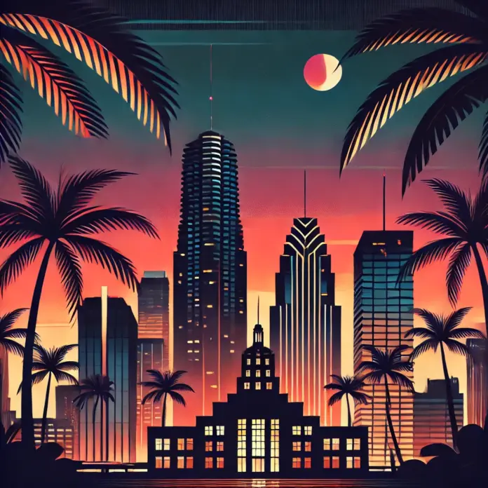 Miami skyline illustration at dusk with silhouetted palm trees and glowing skyscrapers in mid-century modern style.