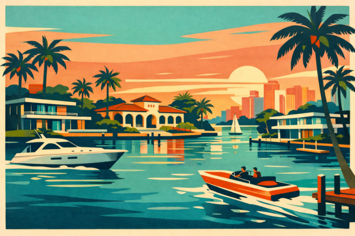 Mid century style illustration of Miami waterfront homes and boats reflecting capital relocation by California billionaires seeking tax certainty