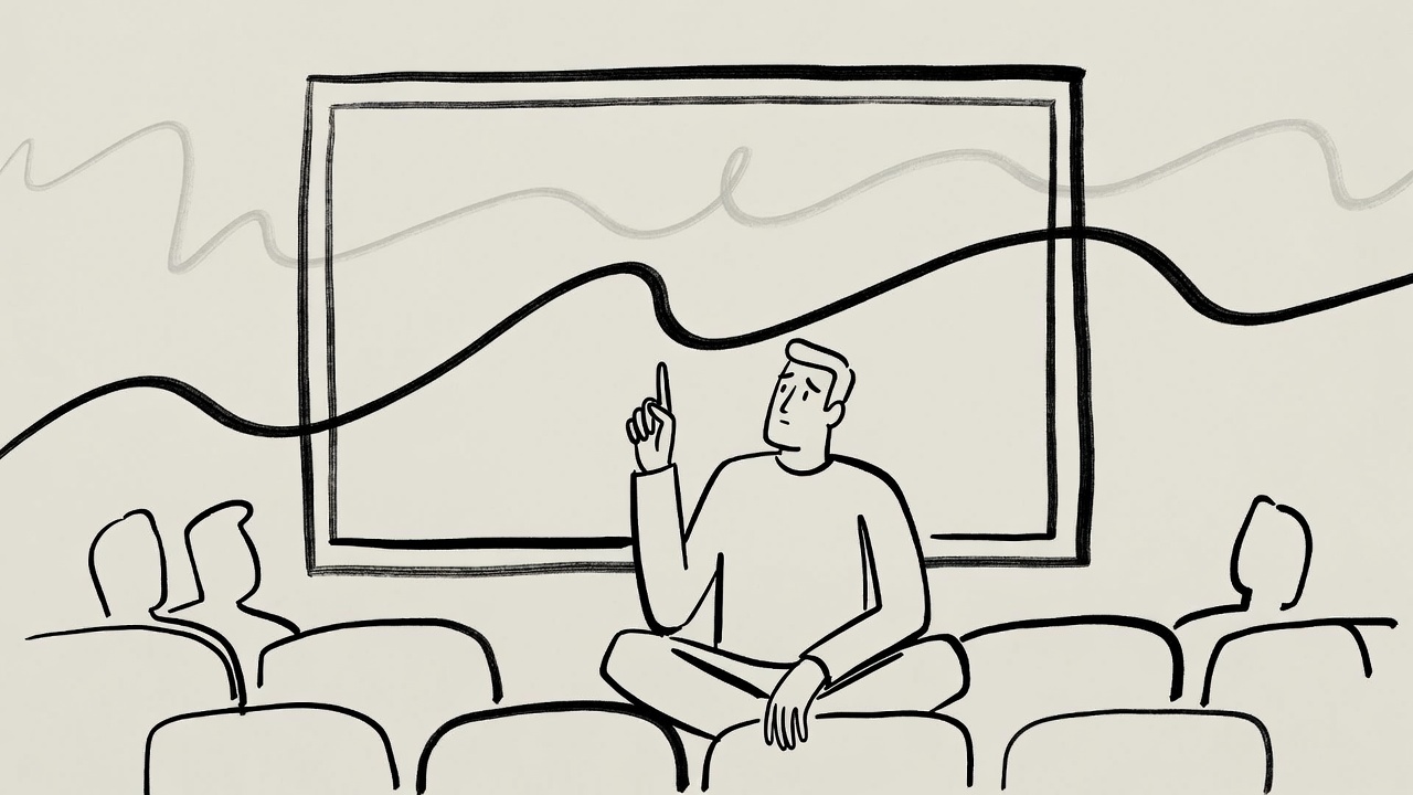 Minimalist black ink line drawing of a film critic sitting in an empty theater pointing at the screen, illustration style