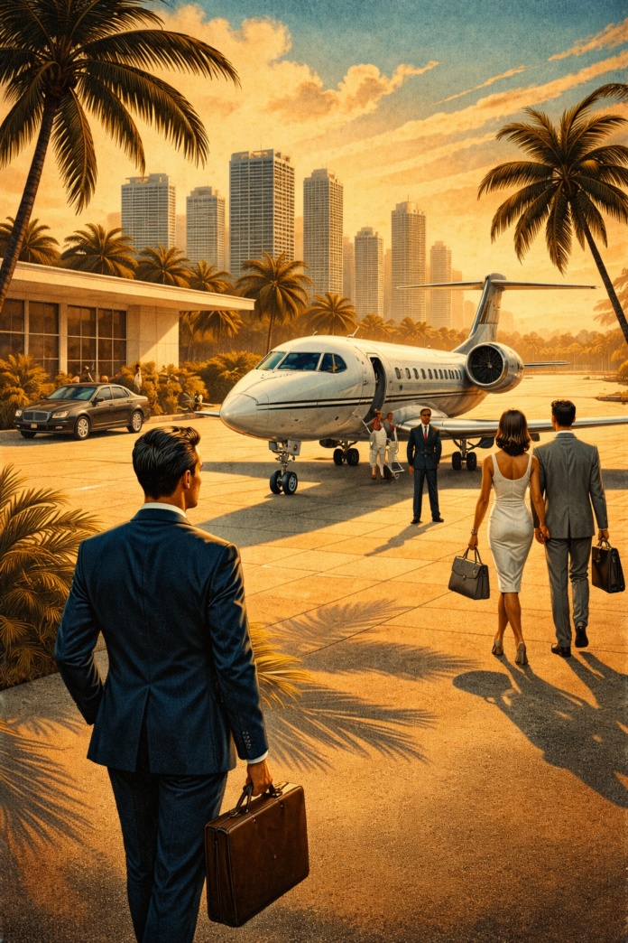 Private jet departing South Florida executive airport symbolizing rise of private aviation among Florida business leaders