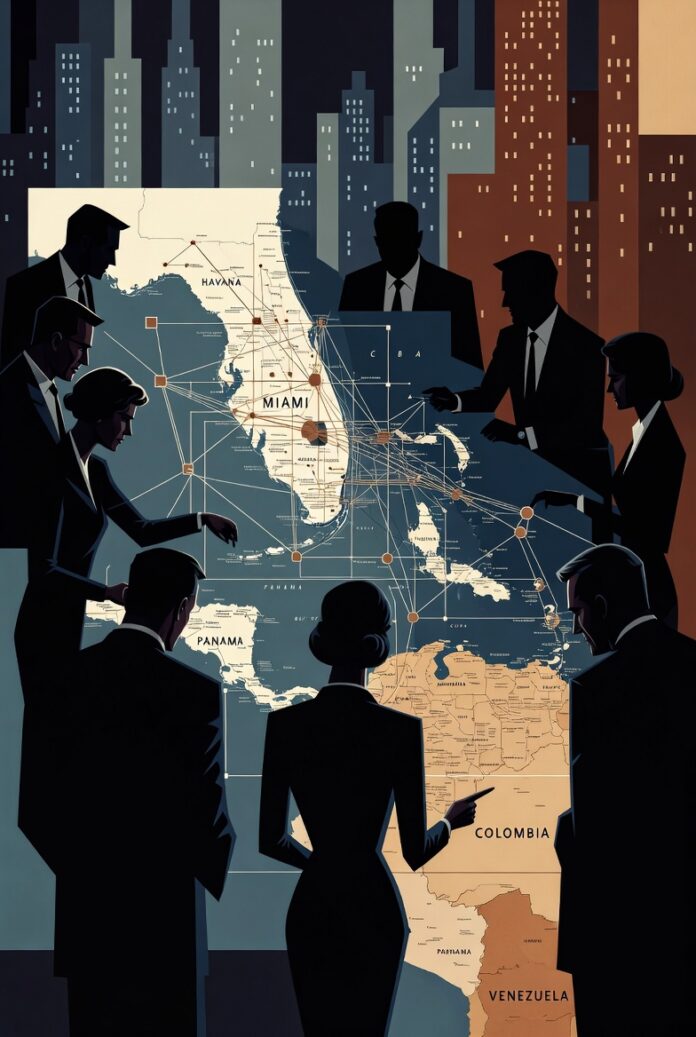 Mad Men-inspired noir illustration: silhouetted business figures in tailored suits examining complex connection map of South Florida and Latin America, abstract mid-century modern Miami skyline in high-contrast orange, navy and black.