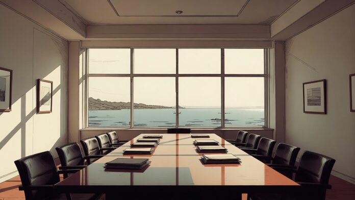 Minimalist boardroom overlooking South Florida waters with documents on table, late afternoon light, private equity deliberation