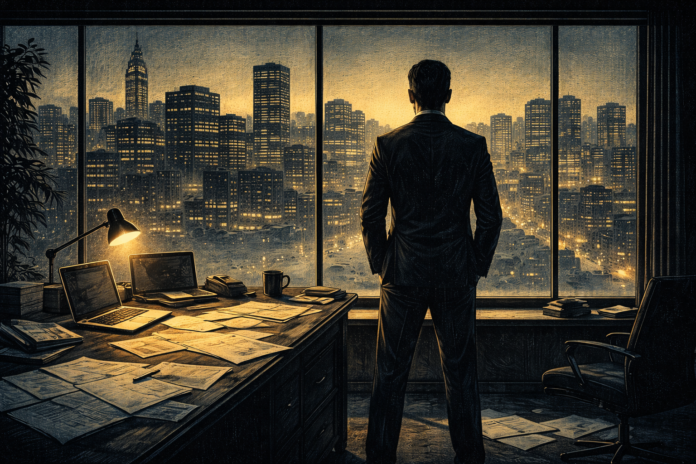 Minimalist mid-century illustration of a lone executive in silhouette standing in a dim office, city skyline through the window, papers scattered across a desk, representing decision-making and endurance in business.