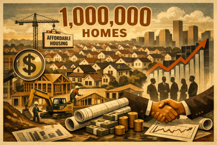 Editorial illustration of U.S. homebuilders and investors planning large-scale housing development amid affordability pressures and rising construction costs