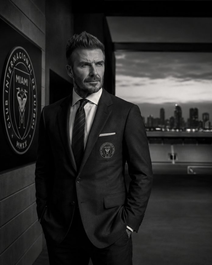 David Beckham standing inside a luxury stadium tunnel in Miami, representing the rise of Inter Miami and the globalization of sports ownership and branding.