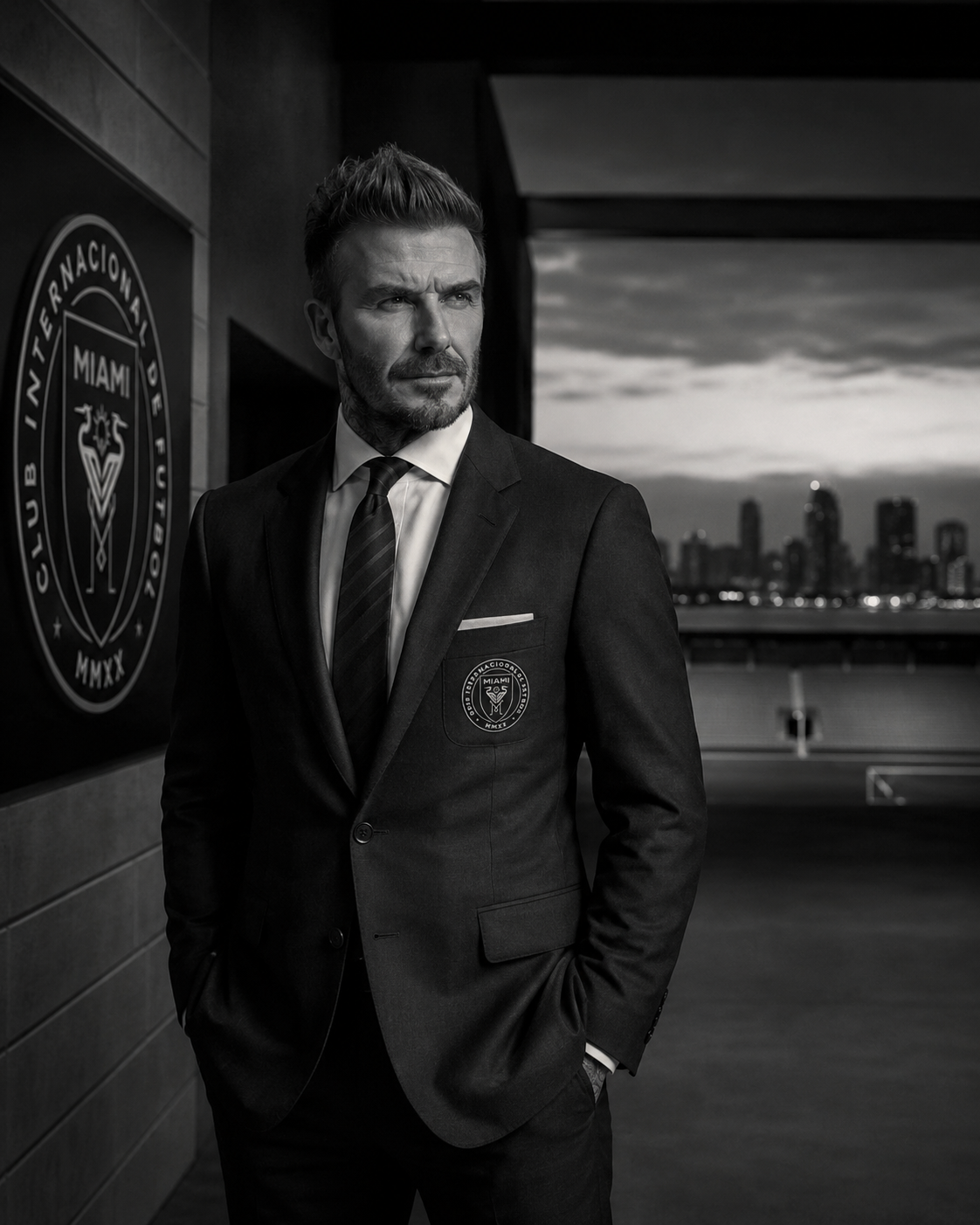 David Beckham standing inside a luxury stadium tunnel in Miami, representing the rise of Inter Miami and the globalization of sports ownership and branding.