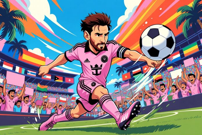 Lionel Messi in Inter Miami pink jersey kicking soccer ball powerfully in packed stadium during 2026 World Cup, vibrant cartoon illustration with cheering fans