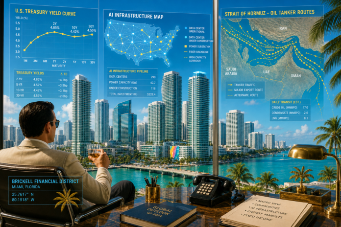 Bright Miami Brickell skyline viewed from a luxury office with transparent overlays of Treasury yield charts, AI infrastructure maps, and oil tanker routes through the Strait of Hormuz in vivid blue and tropical gold tones.