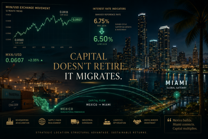 Cinematic Miami skyline with MXN USD exchange charts, Banxico interest rate cuts, and Mexico-to-Miami capital flow graphics.